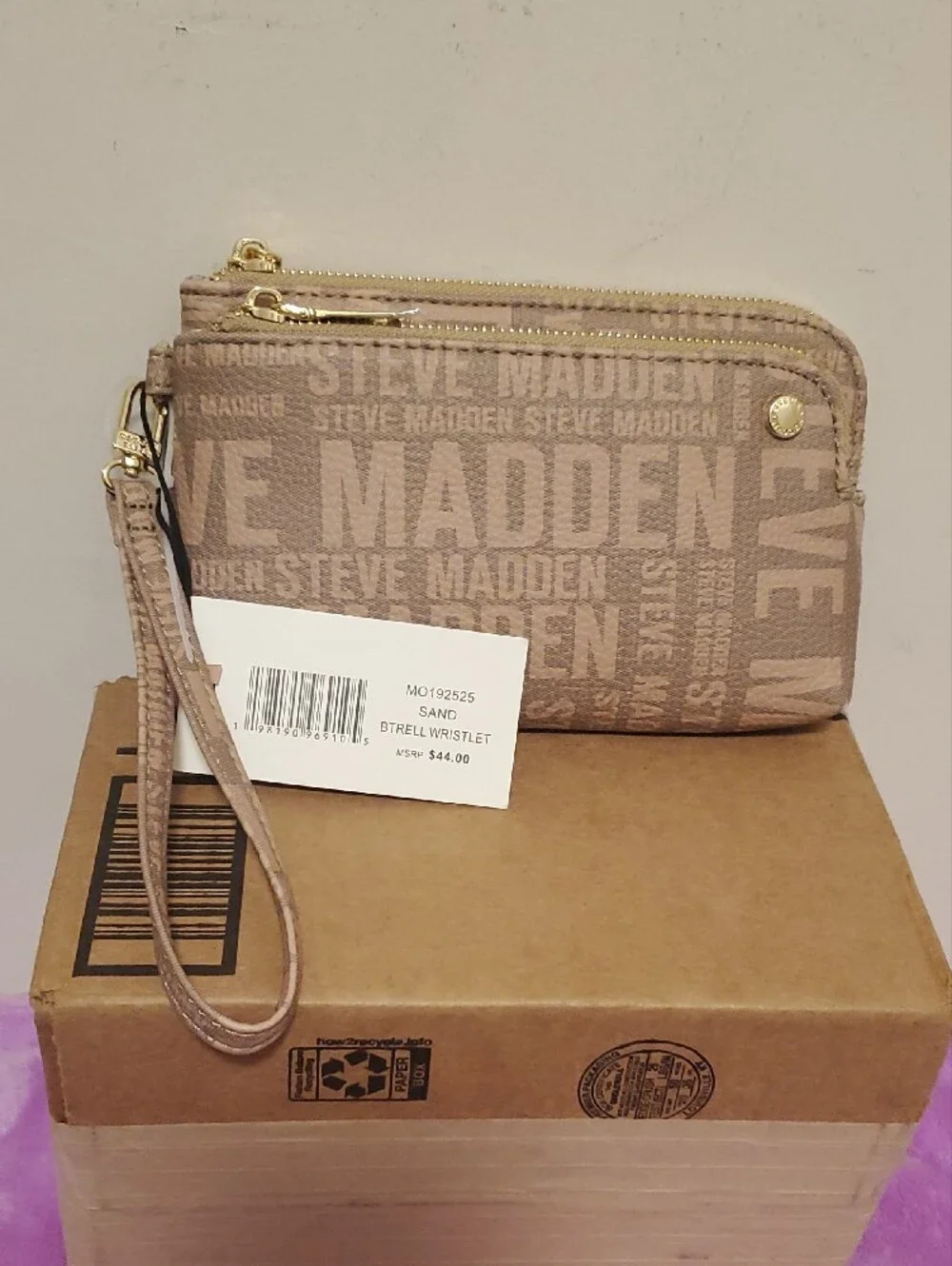 Steve Madden Sand Logo Wristlet with Gold Accents